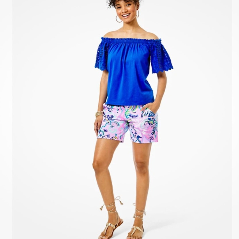 Lilly Pulitzer Fayette Off-The-Shoulder Top Blue MEDIUM crochet lace coastal - Picture 3 of 10